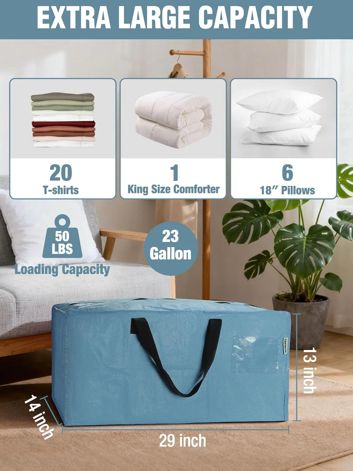 WORKPRO 10 Pack Extra Large Moving Bags with Zippers & Carrying Handles Backpack Straps, Heavy-Duty Storage Tote for Space Saving & Storage, Alternative to Moving Box (Dusty Blue) - Image 3