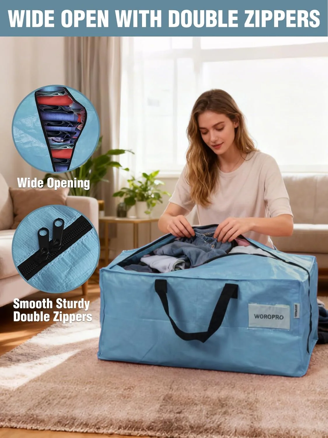 WORKPRO 10 Pack Extra Large Moving Bags with Zippers & Carrying Handles Backpack Straps, Heavy-Duty Storage Tote for Space Saving & Storage, Alternative to Moving Box (Dusty Blue) - Image 6