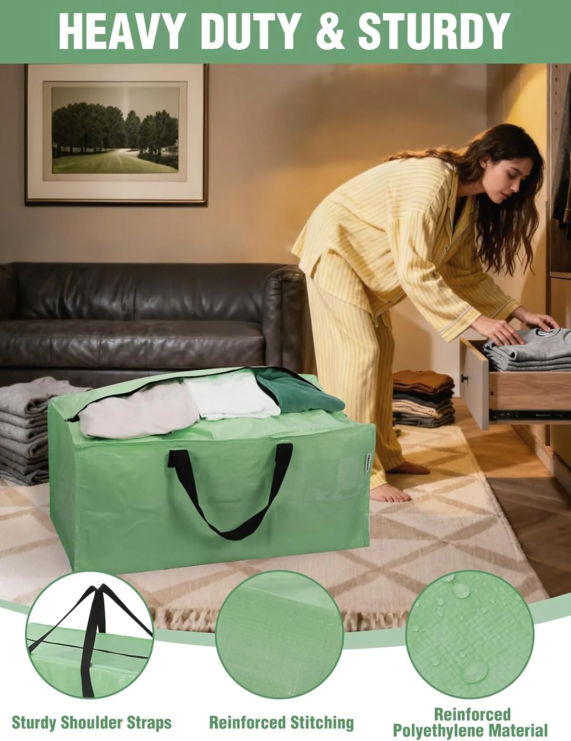 WORKPRO 10 Pack Extra Large Moving Bags with Zippers & Carrying Handles Backpack Straps, Heavy-Duty Storage Tote for Space Saving & Storage, Alternative to Moving Box (Green) - Image 4