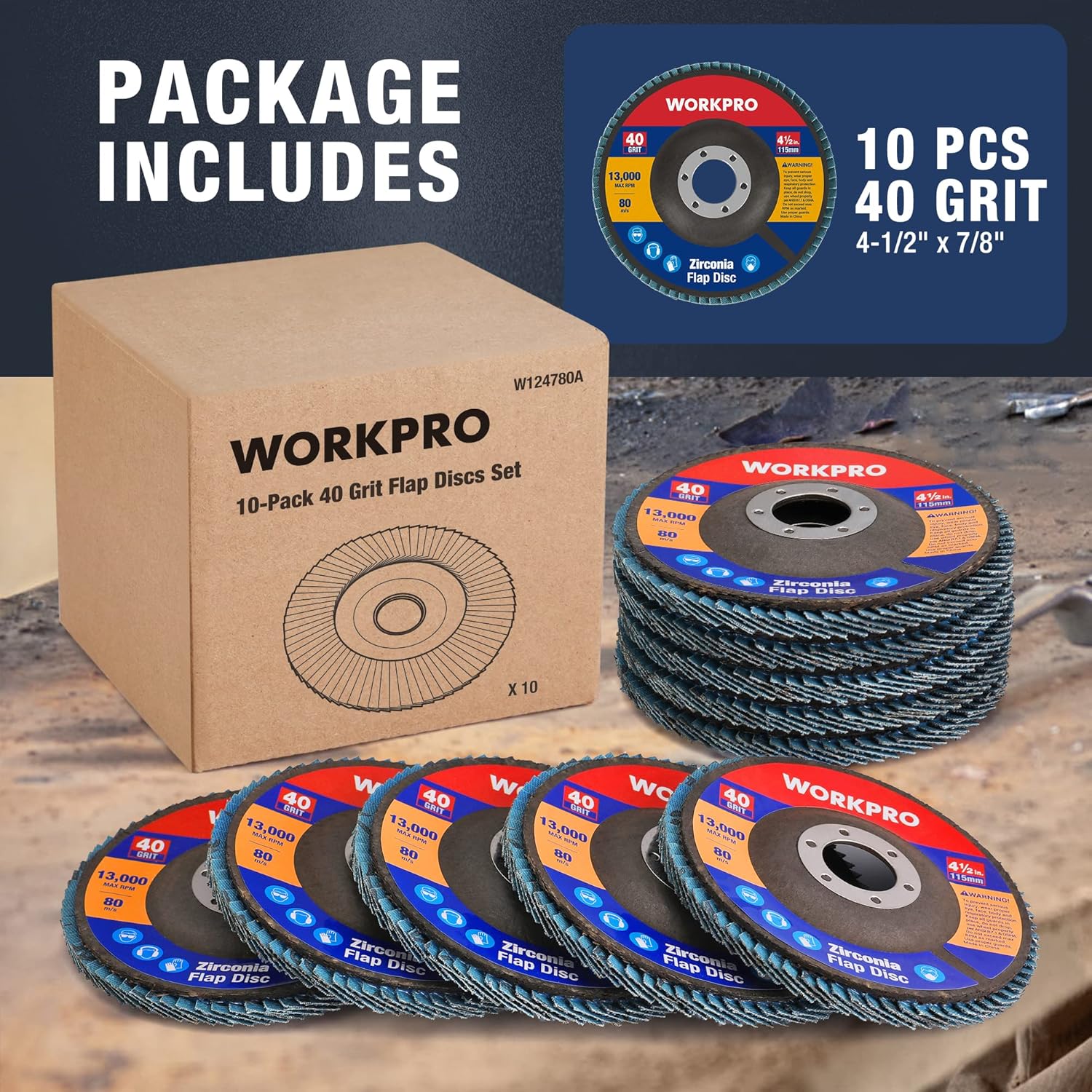WORKPRO 10-Pack Flap Discs, 4-1/2-inch, Arbor Size 7/8-inch, T29 Zirconia Abrasive Grinding Wheel and Flap Sanding Disc, Includes 40 Grit - Image 2