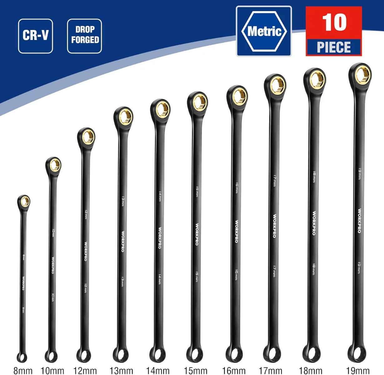 WORKPRO 10 Pcs Extra Long Box End and Anti-slip Ratcheting Wrench Set with Rolling Pouch,  Metric 8-19 mm, 72-Teeth - Image 2