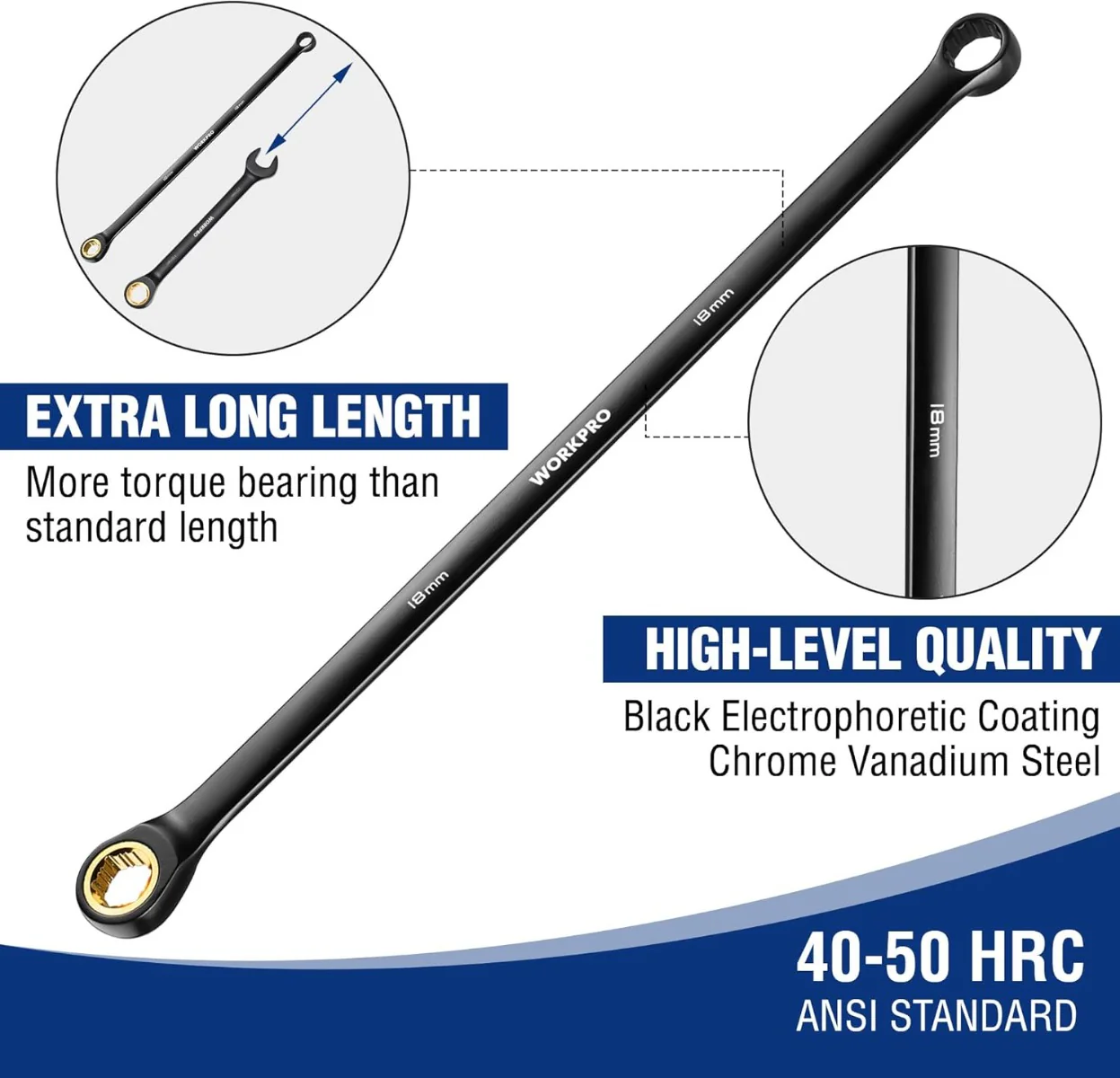 WORKPRO 10 Pcs Extra Long Box End and Anti-slip Ratcheting Wrench Set with Rolling Pouch,  Metric 8-19 mm, 72-Teeth - Image 3