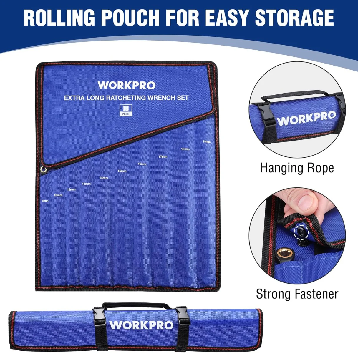 WORKPRO 10 Pcs Extra Long Box End and Anti-slip Ratcheting Wrench Set with Rolling Pouch,  Metric 8-19 mm, 72-Teeth - Image 7