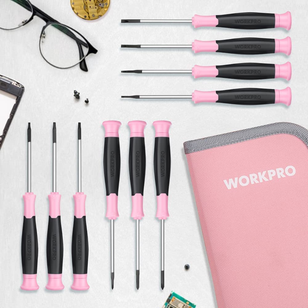 WORKPRO 10 Pcs Precision Screwdriver Set with Pink Pouch, Phillips, Slotted, Torx Star, Magnetic Tip Small Screwdriver Repair Kit - Pink Ribbon - Image 7