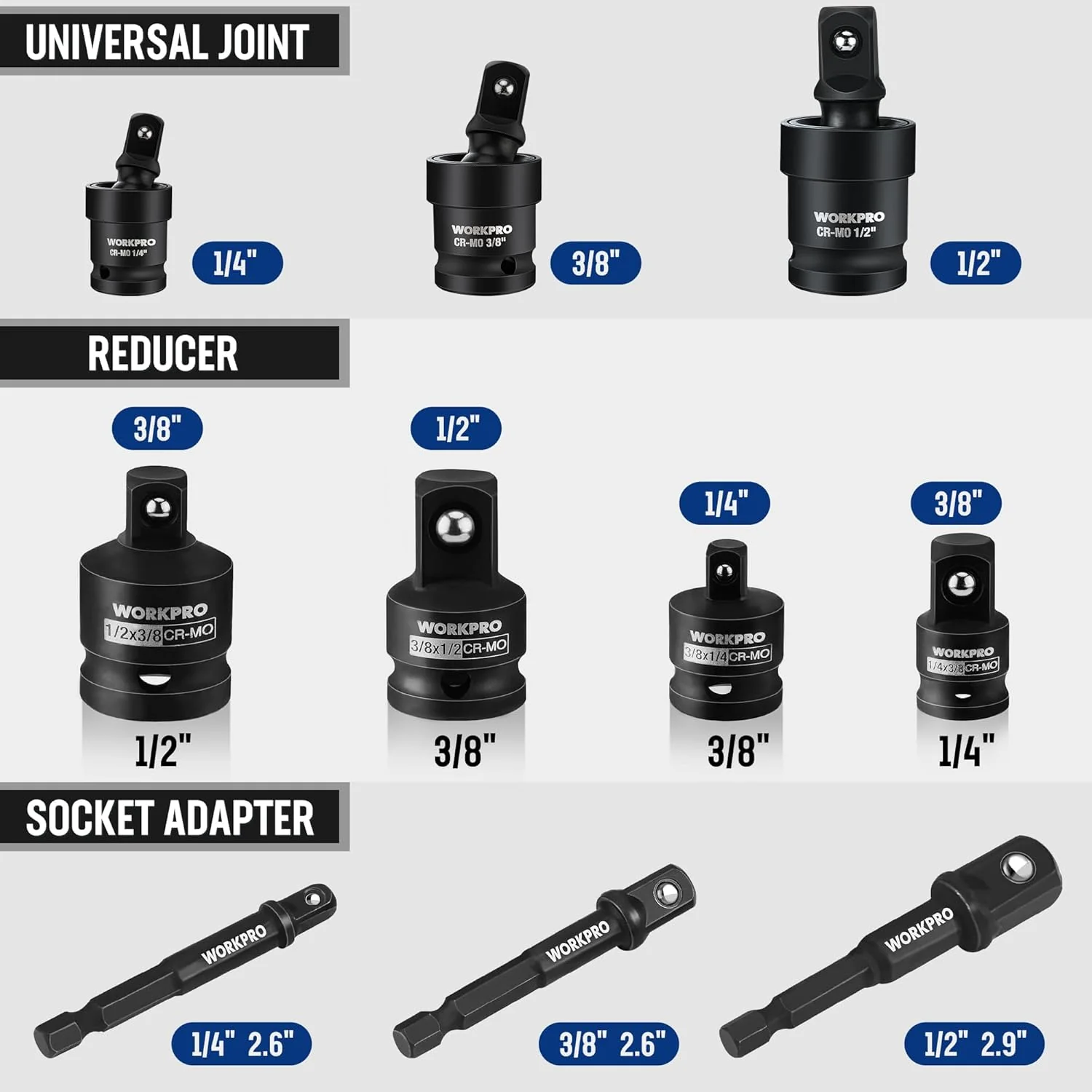 WORKPRO 10-Piece Impact Socket Adapter Set with Case, CR-MO Steel | 4-PC Adapter/Reducer + 3-PC Universal Joint Socket + 3-PC 1/4" Hex Shank Extension, 1/4",3/8",1/2" Drive, Impact Grade - Image 2