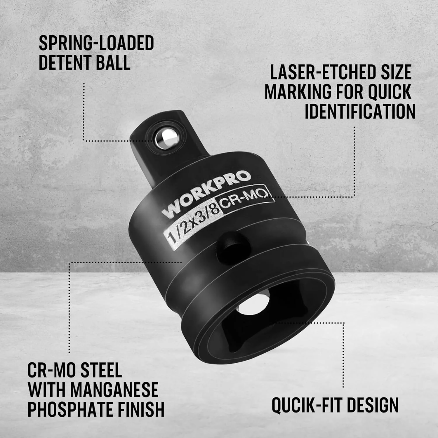 WORKPRO 10-Piece Impact Socket Adapter Set with Case, CR-MO Steel | 4-PC Adapter/Reducer + 3-PC Universal Joint Socket + 3-PC 1/4" Hex Shank Extension, 1/4",3/8",1/2" Drive, Impact Grade - Image 3
