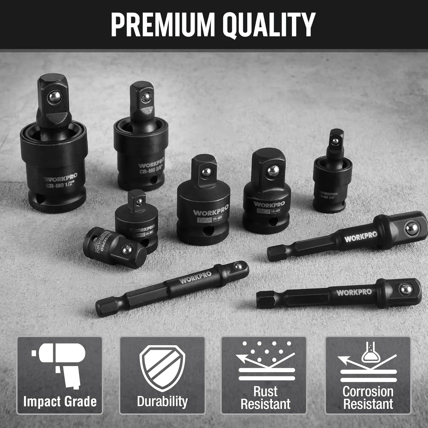 WORKPRO 10-Piece Impact Socket Adapter Set with Case, CR-MO Steel | 4-PC Adapter/Reducer + 3-PC Universal Joint Socket + 3-PC 1/4" Hex Shank Extension, 1/4",3/8",1/2" Drive, Impact Grade - Image 6