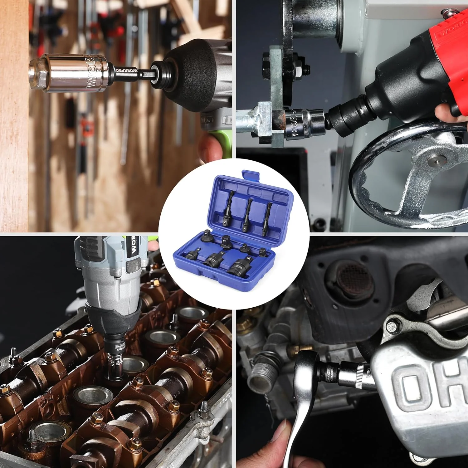 WORKPRO 10-Piece Impact Socket Adapter Set with Case, CR-MO Steel | 4-PC Adapter/Reducer + 3-PC Universal Joint Socket + 3-PC 1/4" Hex Shank Extension, 1/4",3/8",1/2" Drive, Impact Grade - Image 7