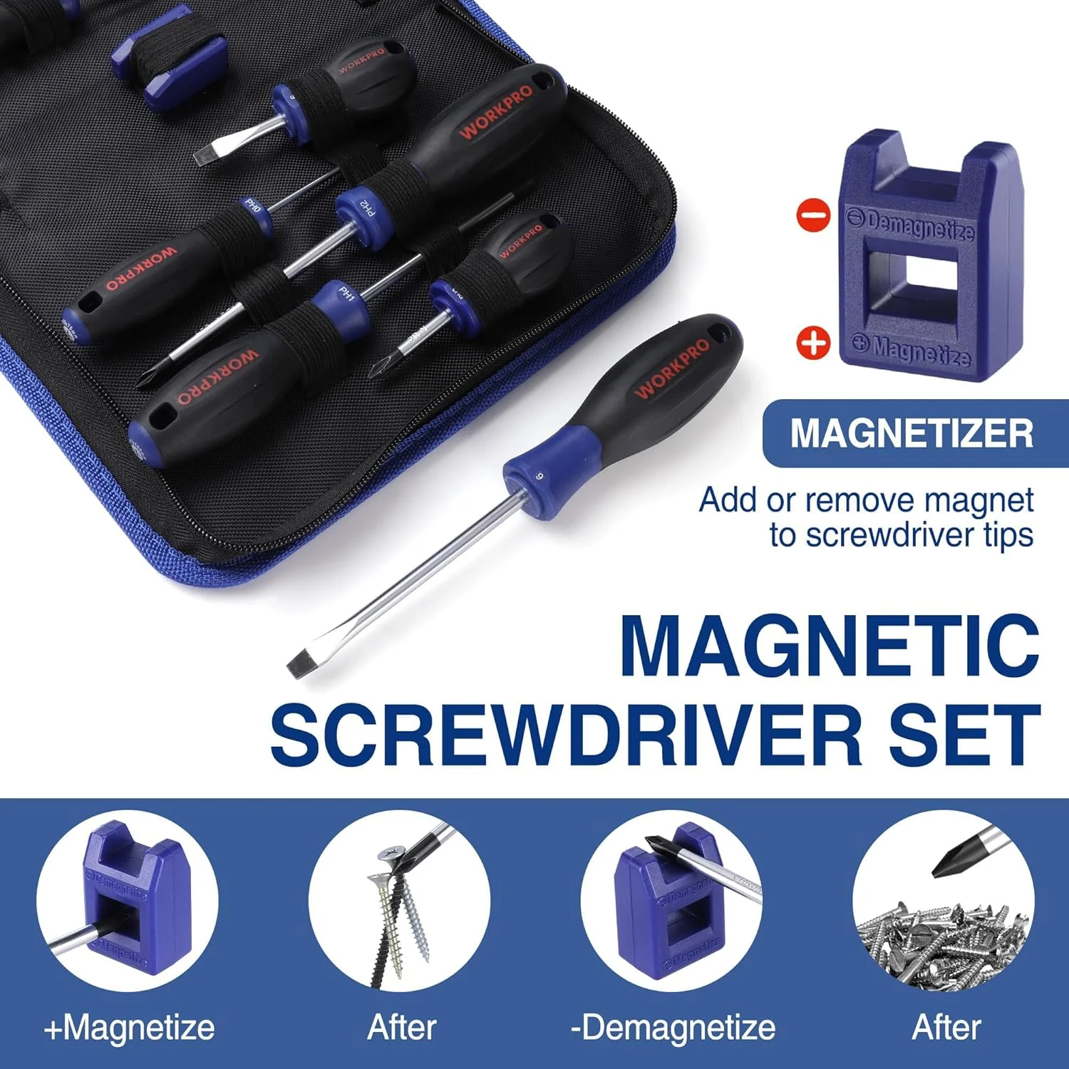 WORKPRO 10-Piece Magnetic Screwdriver Set with Pouch, Phillips, Slotted, Flat Head Screwdriver Include Magnetizer, Screwdriver with Non-Slip Grip, for Home Repair and DIY Projects - Image 4