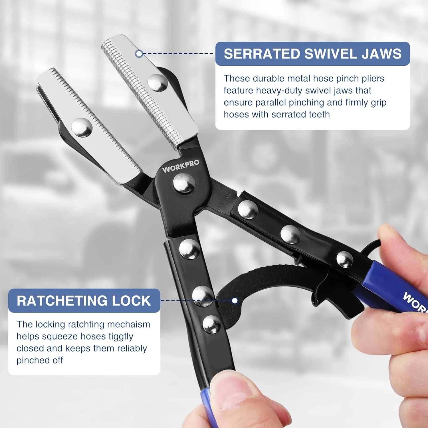 WORKPRO 10" Ratcheting Hose Pinch Off Pliers, Locking Hose Pinch Pliers for Automotive Hose Lines, Radiator Lines, Fuel Lines, Coolant Lines - Image 3