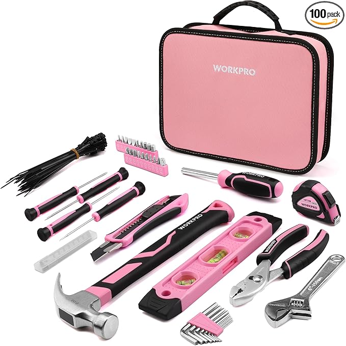WORKPRO 100 Pcs / 236 Pcs Pink Tool Kit with Easy Carrying Round Pouch Perfect for DIY Home Maintenance - Pink Ribbon - Image 10
