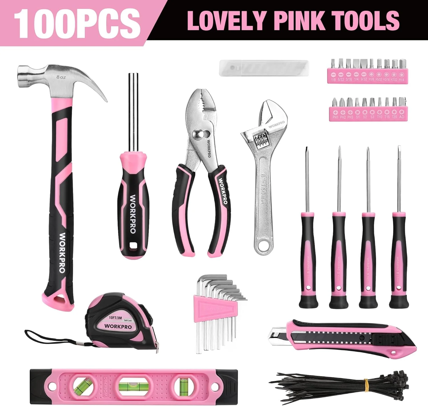 WORKPRO 100 Pcs / 236 Pcs Pink Tool Kit with Easy Carrying Round Pouch Perfect for DIY Home Maintenance - Pink Ribbon - Image 11
