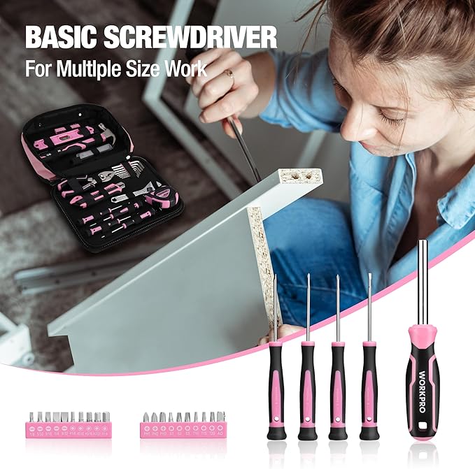 WORKPRO 100 Pcs / 236 Pcs Pink Tool Kit with Easy Carrying Round Pouch Perfect for DIY Home Maintenance - Pink Ribbon - Image 4