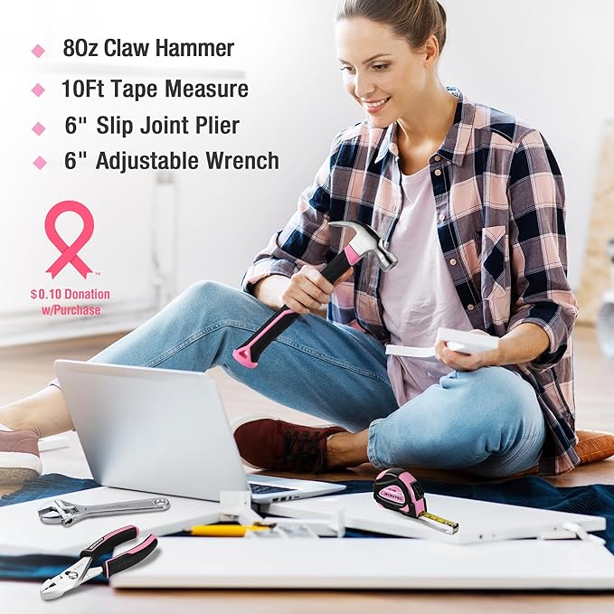 WORKPRO 100 Pcs / 236 Pcs Pink Tool Kit with Easy Carrying Round Pouch Perfect for DIY Home Maintenance - Pink Ribbon - Image 6