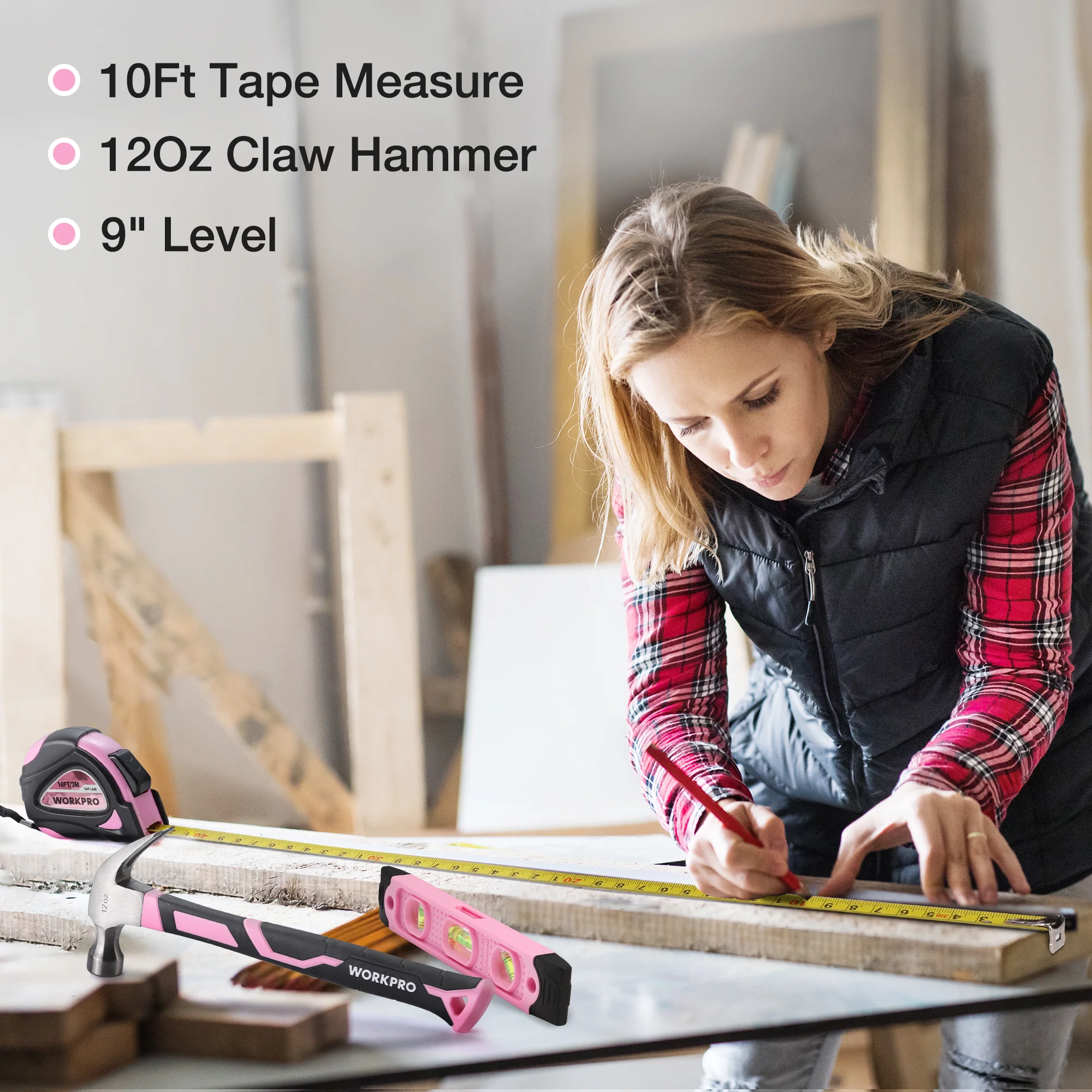 WORKPRO 100 Pcs / 236 Pcs Pink Tool Kit with Easy Carrying Round Pouch Perfect for DIY Home Maintenance - Pink Ribbon - Image 9