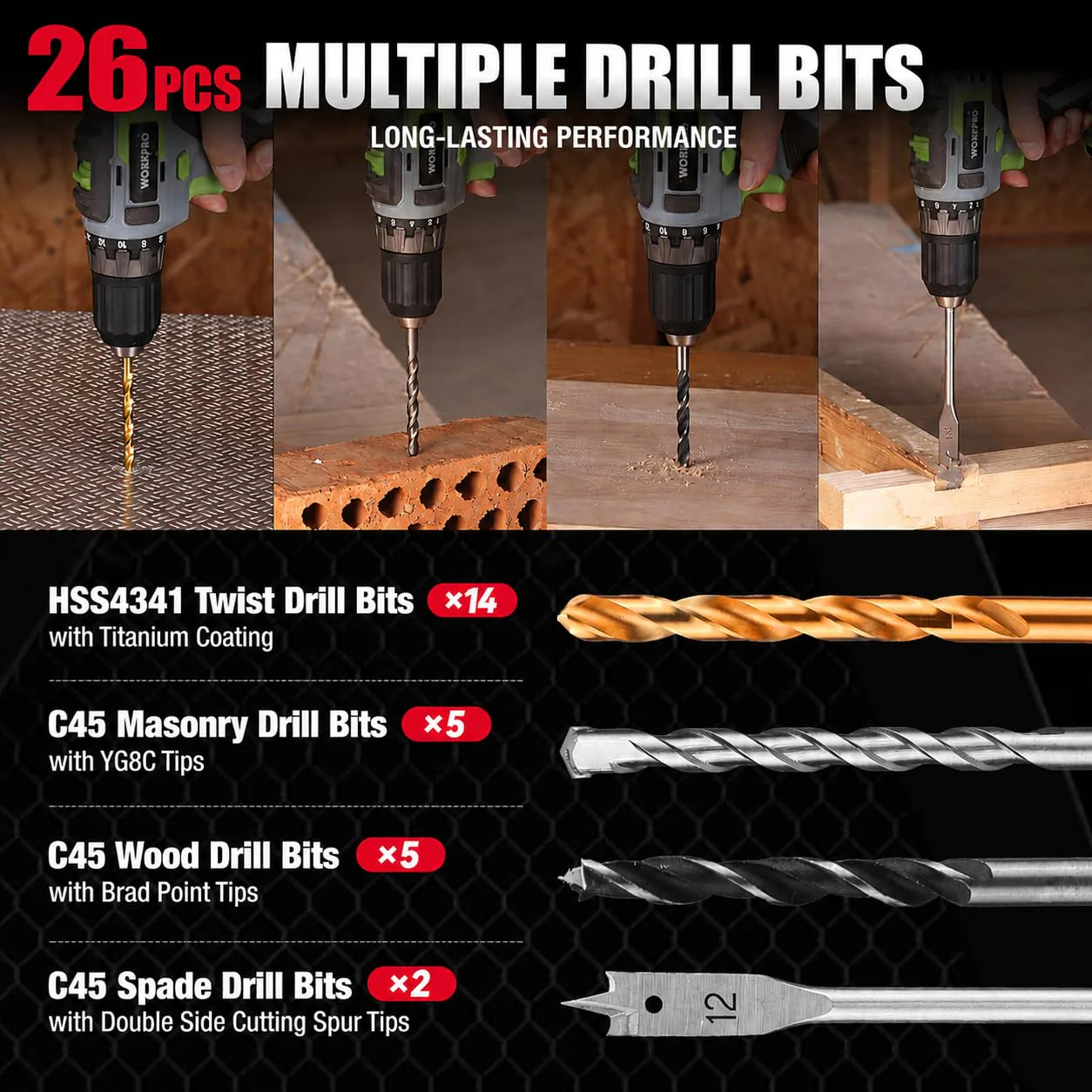WORKPRO 105Pcs Drill & Driver Bit Set + 350 Screws, Kit for Home & Masonry | Clear-Lid Storage Case, 1/4" Hex Shank, HSS Twist Drill Bits, Magnetic Bit Holder, for Wood Metal Plastic Concrete Masonry - Image 4