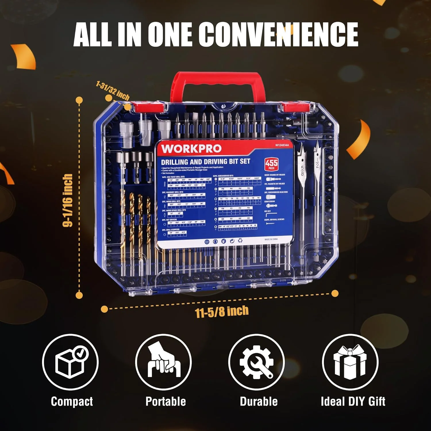 WORKPRO 105Pcs Drill & Driver Bit Set + 350 Screws, Kit for Home & Masonry | Clear-Lid Storage Case, 1/4" Hex Shank, HSS Twist Drill Bits, Magnetic Bit Holder, for Wood Metal Plastic Concrete Masonry - Image 9