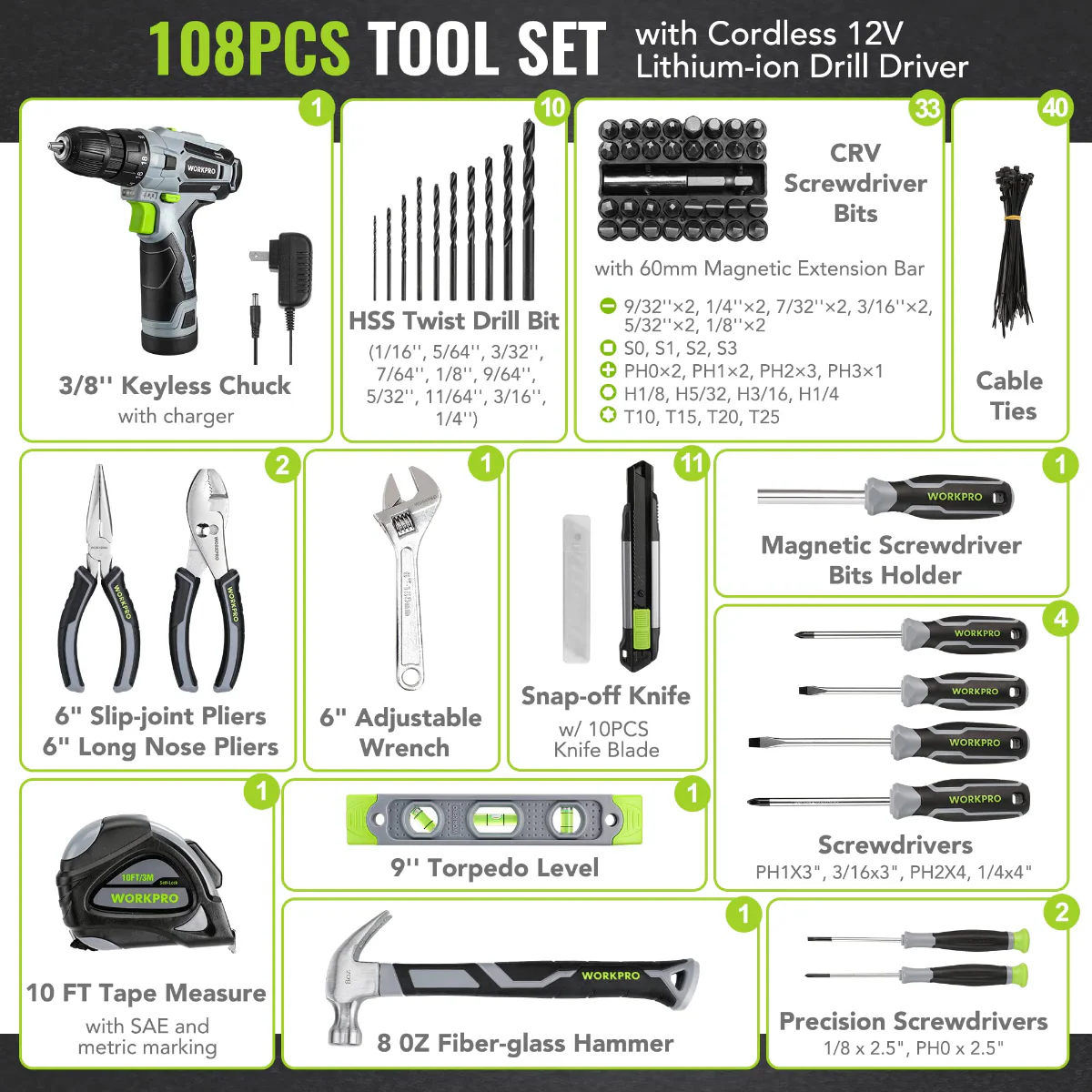 WORKPRO 108-Piece Portable Tool Set with Power Drill - Pink Ribbon - Image 12