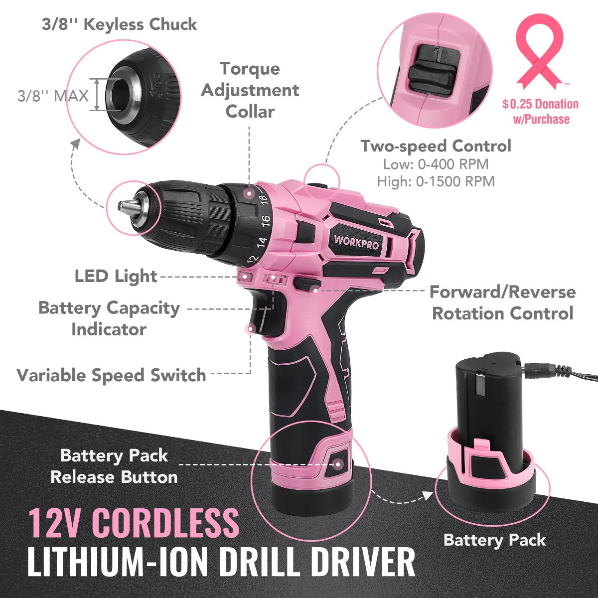 WORKPRO 108-Piece Portable Tool Set with Power Drill - Pink Ribbon - Image 3