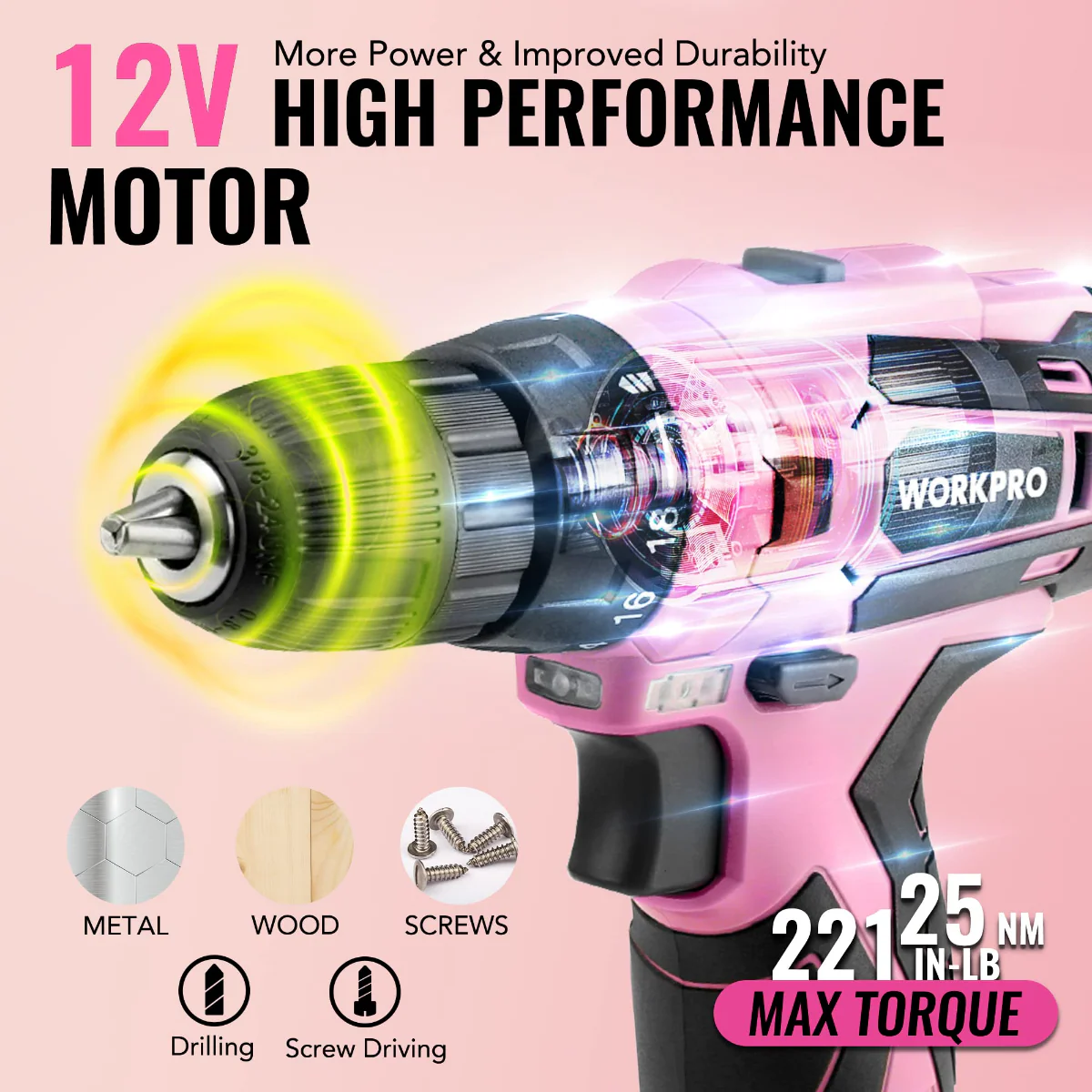 WORKPRO 108-Piece Portable Tool Set with Power Drill - Pink Ribbon - Image 4