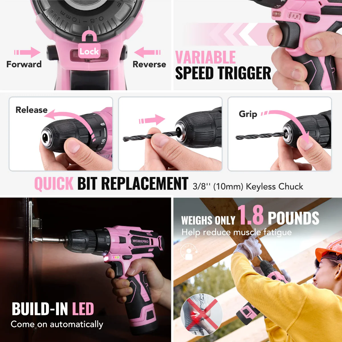 WORKPRO 108-Piece Portable Tool Set with Power Drill - Pink Ribbon - Image 5