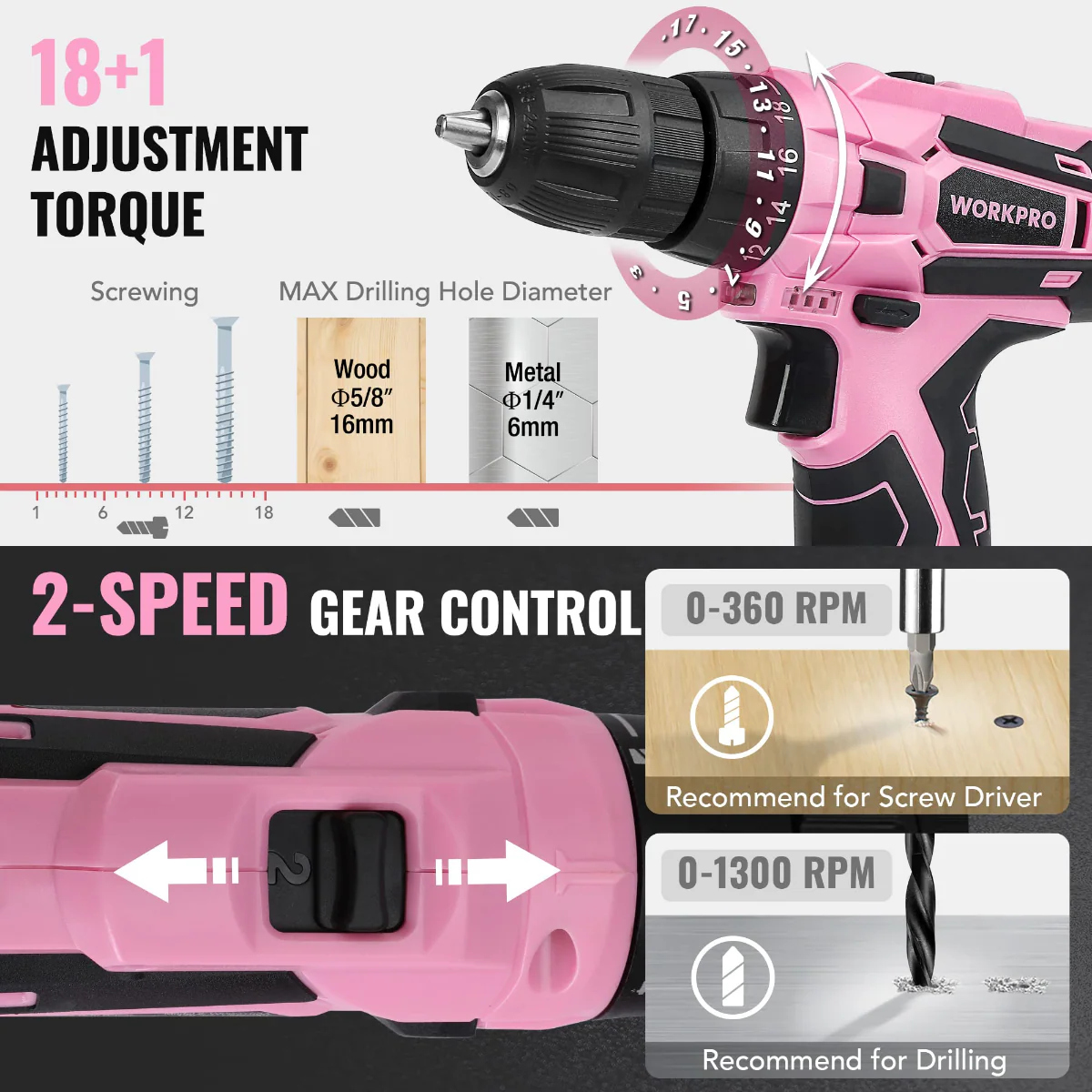 WORKPRO 108-Piece Portable Tool Set with Power Drill - Pink Ribbon - Image 6