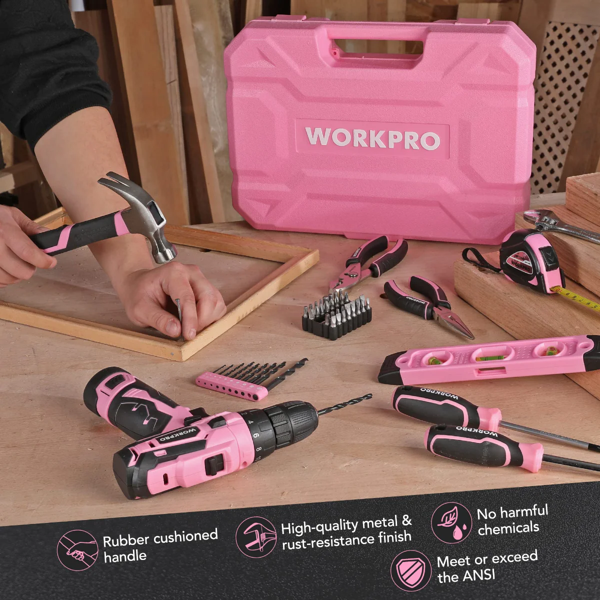 WORKPRO 108-Piece Portable Tool Set with Power Drill - Pink Ribbon - Image 7