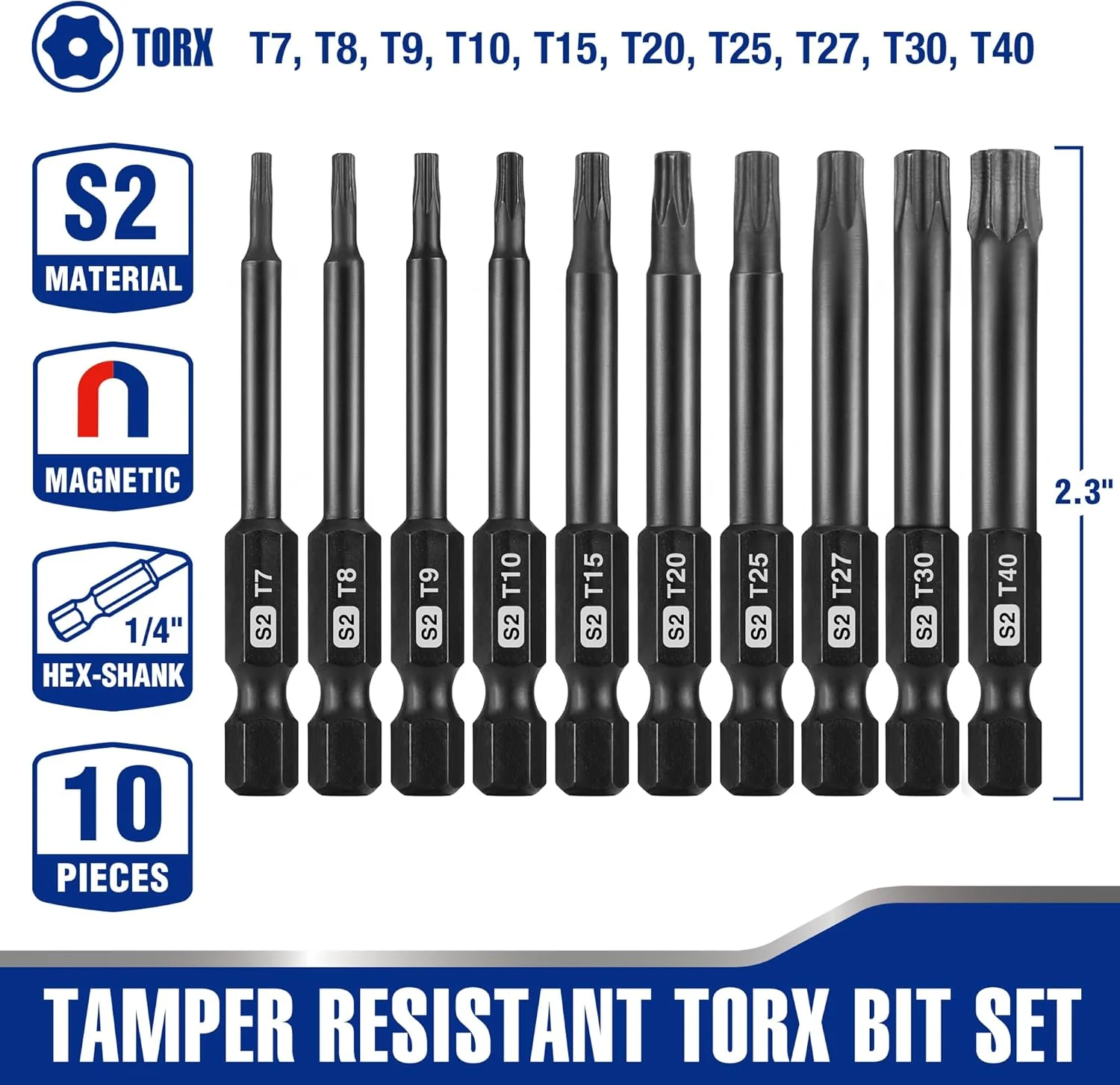 WORKPRO 10pcs Security Torx Bit Set, CNC Machined S2 Steel Star Bit Set, 2.3" Long Tamper Proof Torx Screwdriver bit with Magnetic Tips, Tamper Resistant Fastener Drive Bits with Storage Box - Image 2