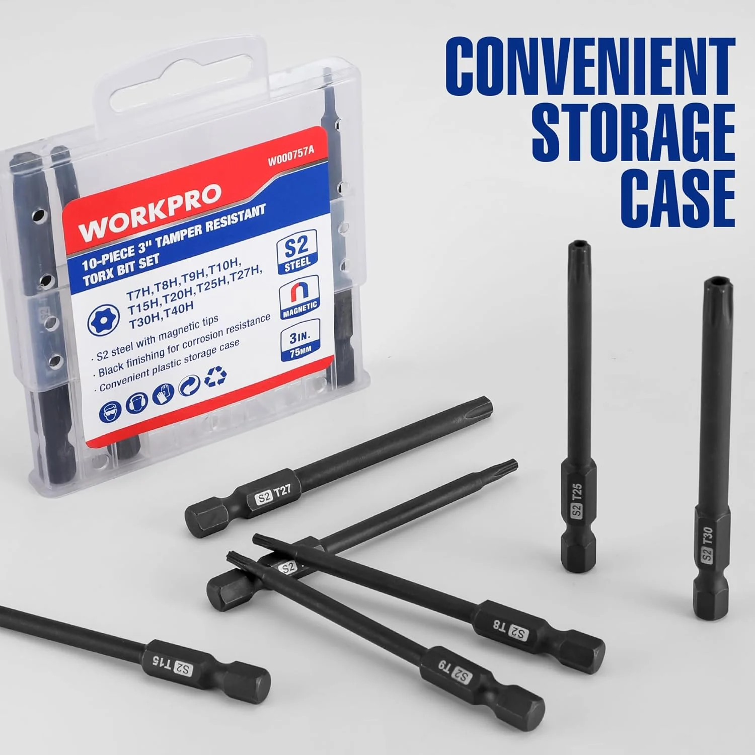 WORKPRO 10pcs Security Torx Bit Set, CNC Machined S2 Steel Star Bit Set, 3" Long Tamper Proof Torx Screwdriver bit with Magnetic Tips, Tamper Resistant Fastener Drive Bits with Storage Box - Image 2