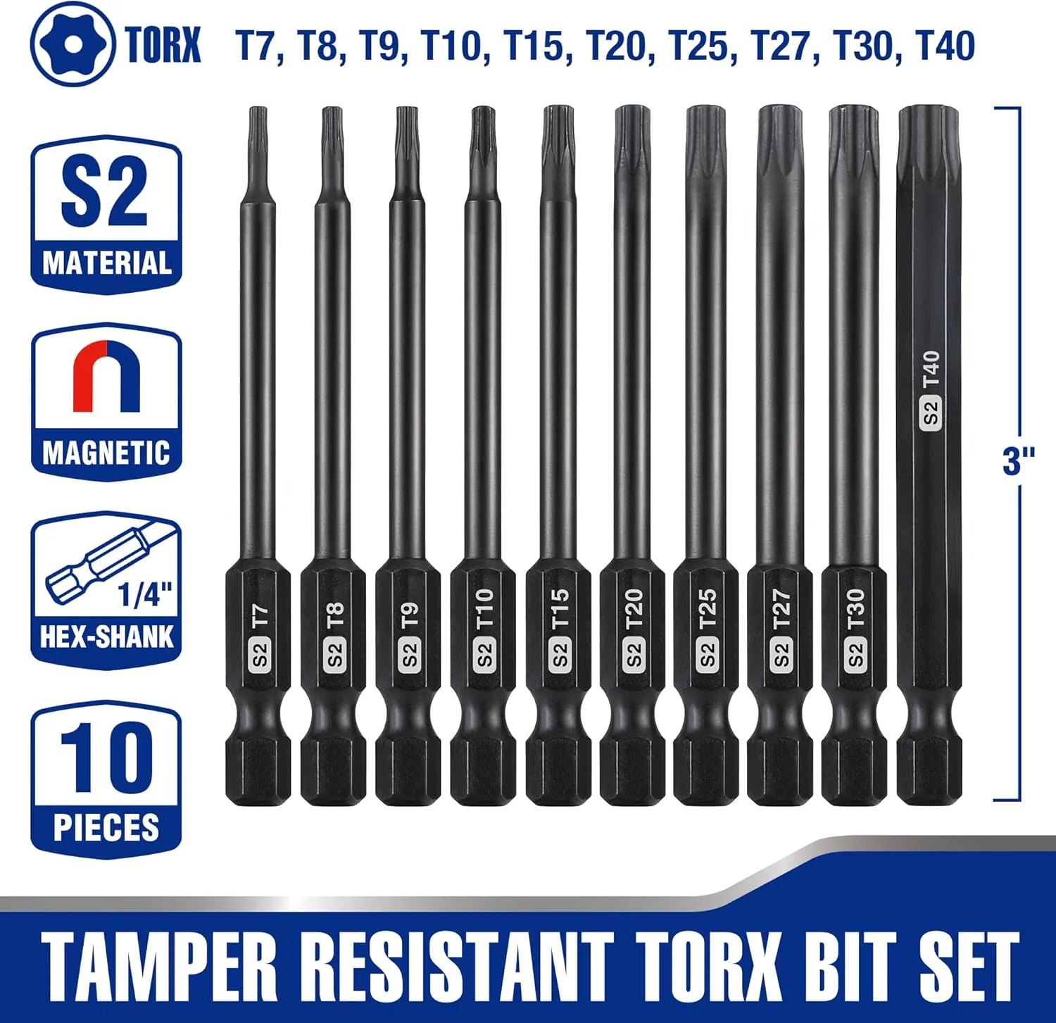 WORKPRO 10pcs Security Torx Bit Set, CNC Machined S2 Steel Star Bit Set, 3" Long Tamper Proof Torx Screwdriver bit with Magnetic Tips, Tamper Resistant Fastener Drive Bits with Storage Box - Image 3