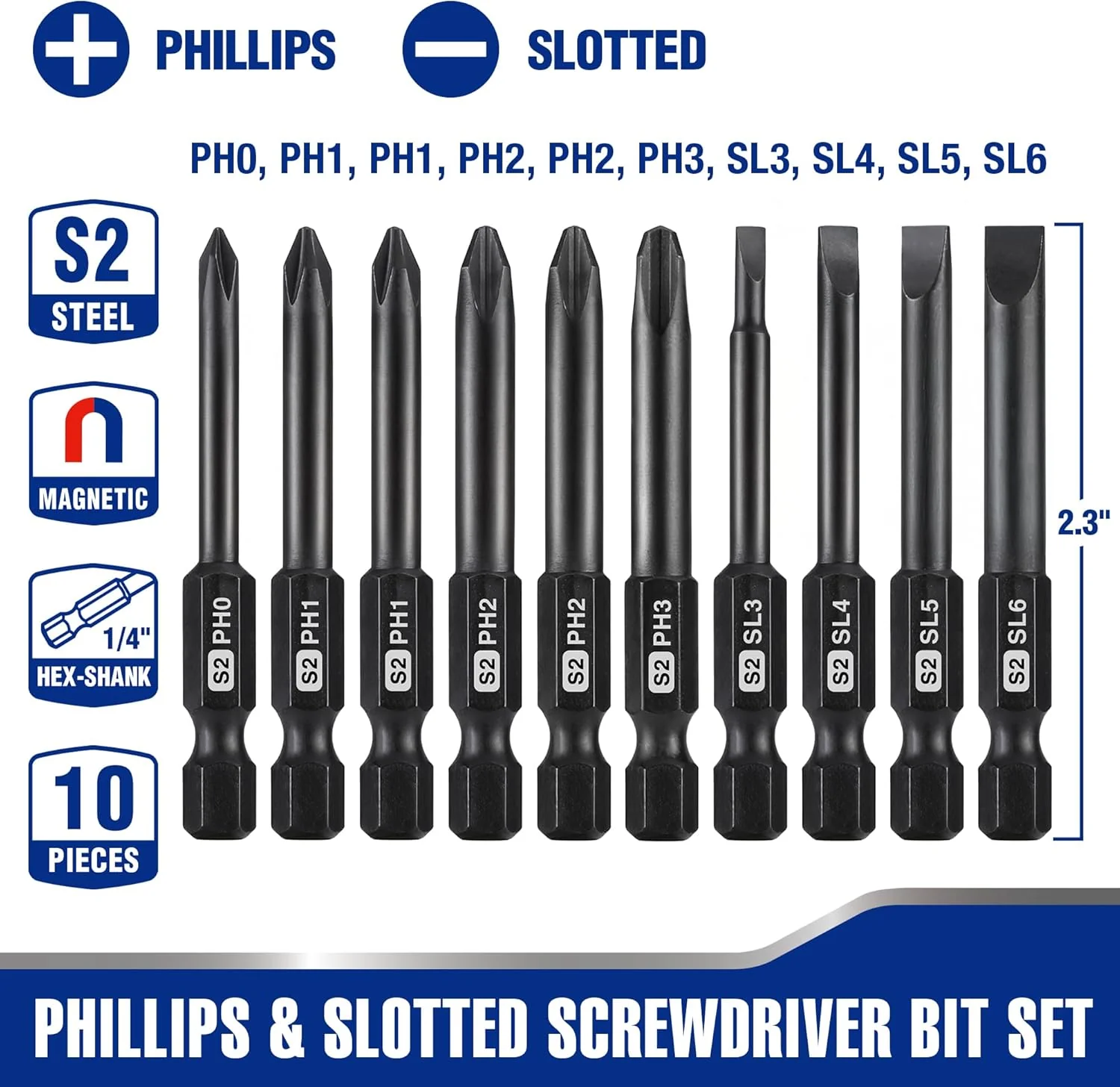 WORKPRO 10pcs Slotted Phillips Screwdriver Bit Set, CNC Machined S2 Steel Magnetic Screwdriver Bits Set, 1/4 Inch Hex Shank Driver Bits, 2.3 Inch Long Screwdriver Bits Set with Storage Box - Image 2
