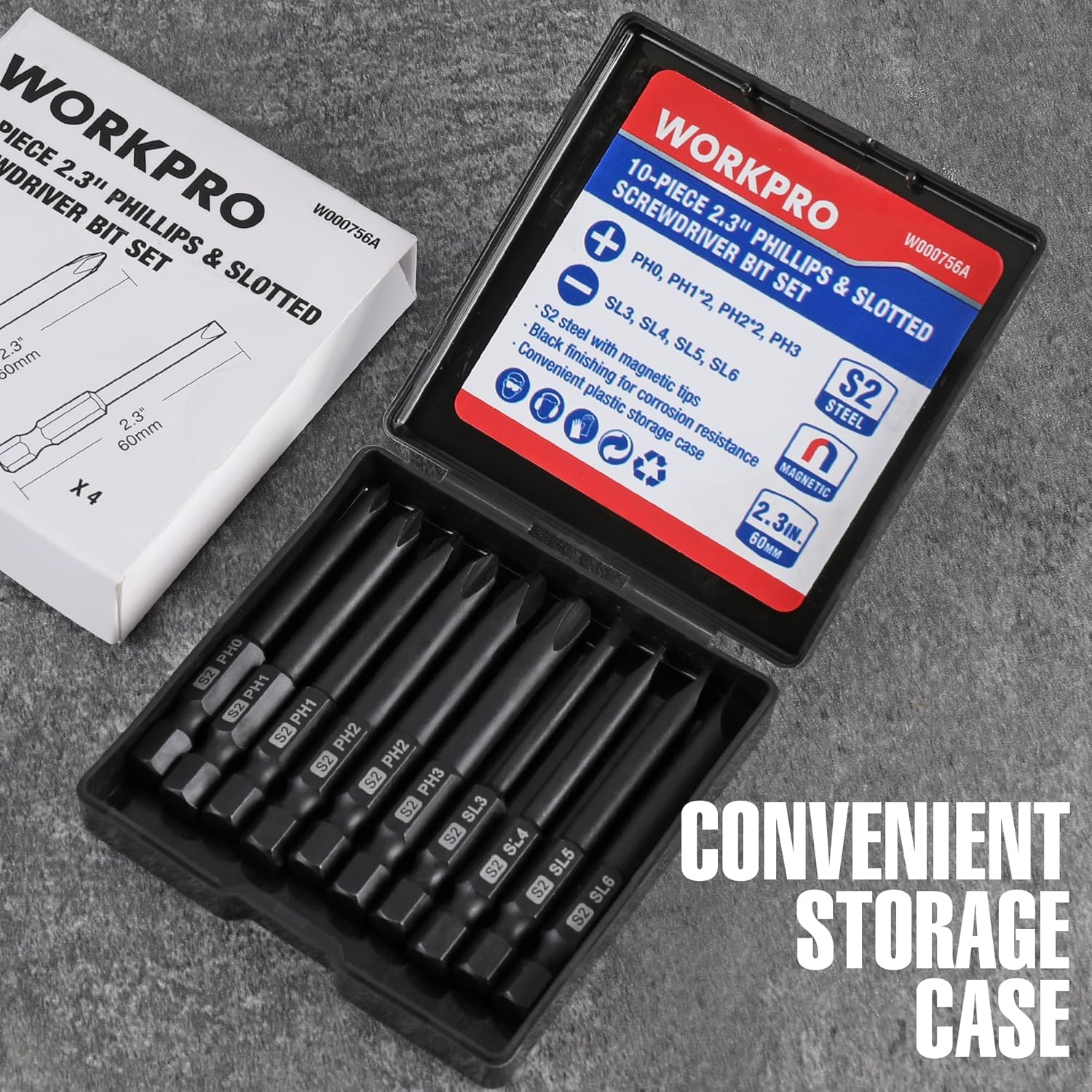 WORKPRO 10pcs Slotted Phillips Screwdriver Bit Set, CNC Machined S2 Steel Magnetic Screwdriver Bits Set, 1/4 Inch Hex Shank Driver Bits, 2.3 Inch Long Screwdriver Bits Set with Storage Box - Image 8