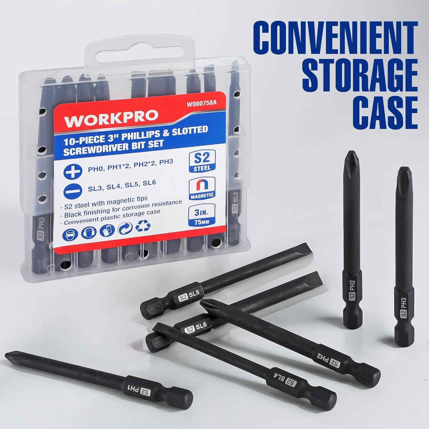 WORKPRO 10pcs Slotted Phillips Screwdriver Bit Set, S2 Steel Magnetic Screwdriver Bits Set, CNC Machined Tips, 1/4 Inch Hex Shank Driver Bits, 3 Inch Long Screwdriver Bits Set with Storage Box - Image 2
