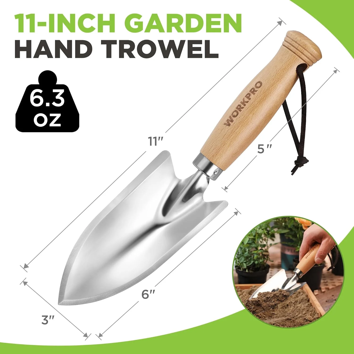 WORKPRO 11" Garden Hand Trowel, Heavy Duty Polished Stainless Steel Garden Shovel with Wooden Handle, Hand Gardening Tool for Digging, Planting, Transplanting - Image 2