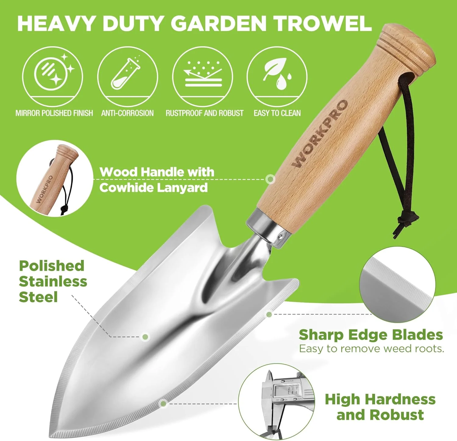 WORKPRO 11" Garden Hand Trowel, Heavy Duty Polished Stainless Steel Garden Shovel with Wooden Handle, Hand Gardening Tool for Digging, Planting, Transplanting - Image 3