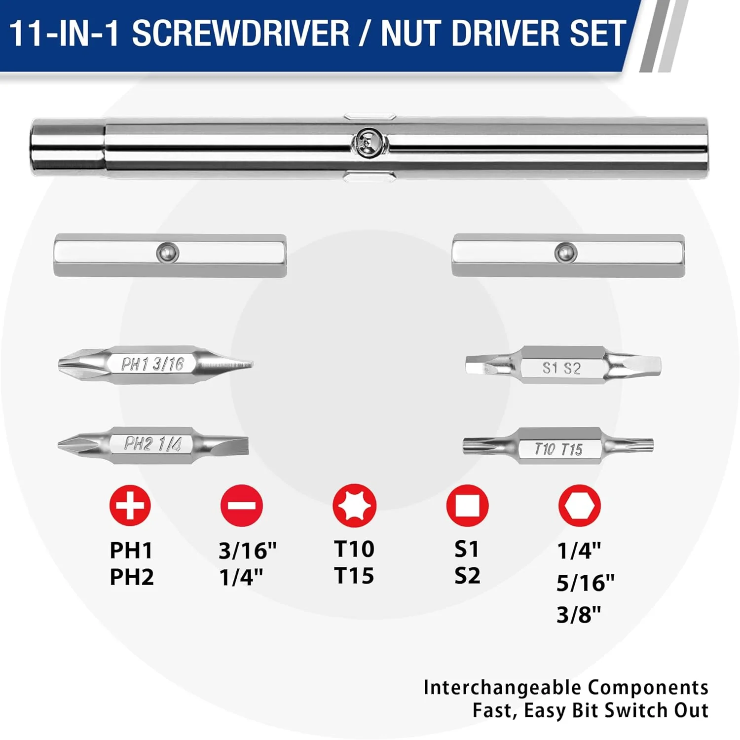 WORKPRO 11-in-1 Screwdriver/Nut Driver Set Tool Comfort Grip, All in One Multi-bit, Portable Screw-driver, 8 Bits (Philips/Slotted/Torx/Square), 3 Nut Driver Sizes - Image 2