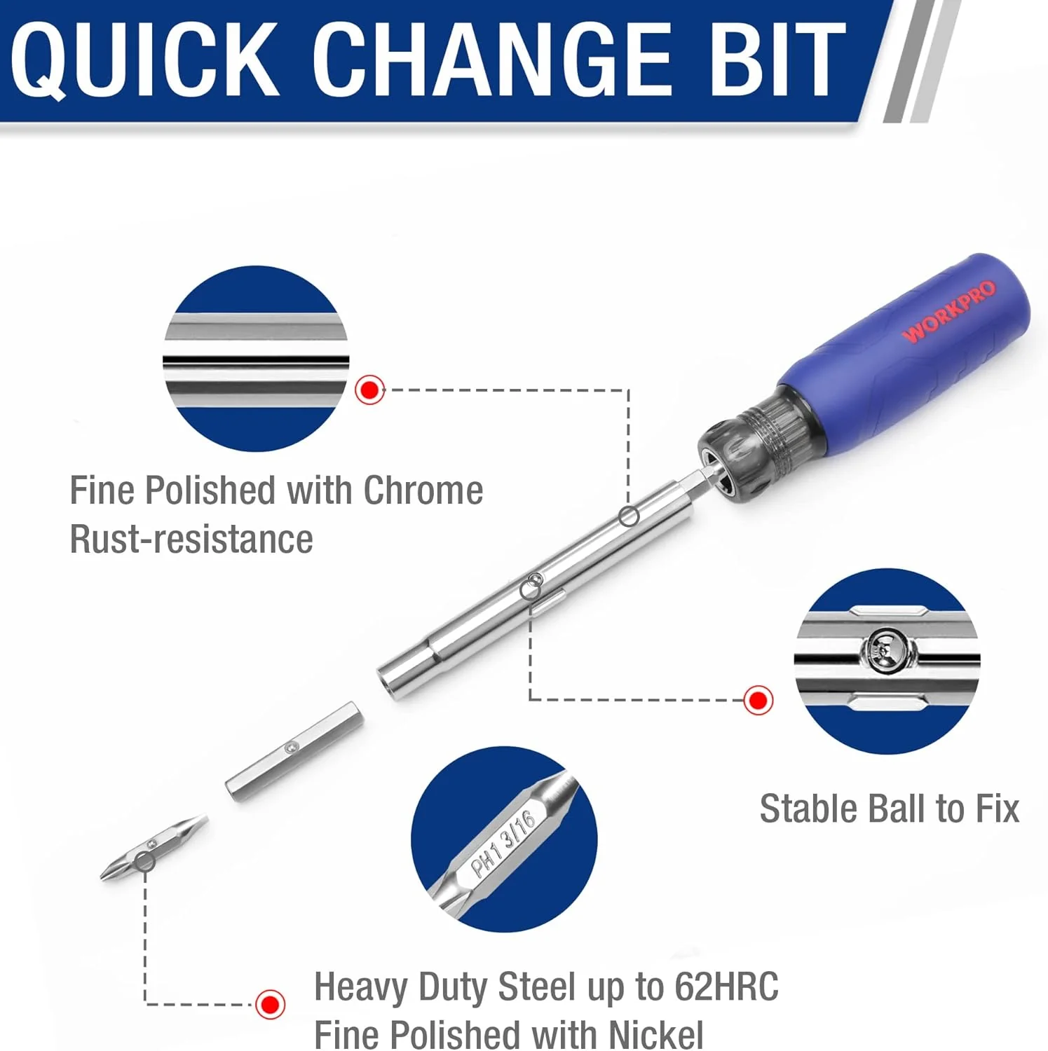 WORKPRO 11-in-1 Screwdriver/Nut Driver Set Tool Comfort Grip, All in One Multi-bit, Portable Screw-driver, 8 Bits (Philips/Slotted/Torx/Square), 3 Nut Driver Sizes - Image 3