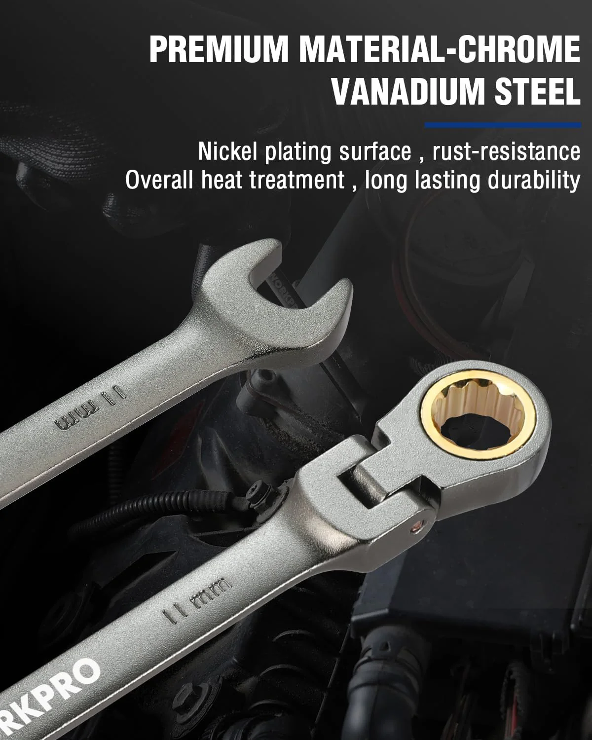 WORKPRO 11 mm Flex-Head Ratcheting Combination Wrench, Cr-V Constructed, Nickel Plating, 72-Teeth, 12 Point Design, Metric - Image 3