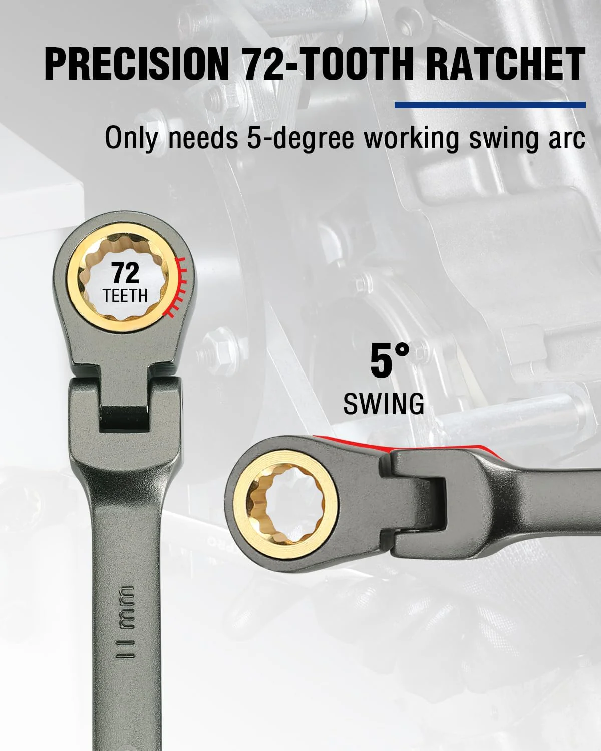 WORKPRO 11 mm Flex-Head Ratcheting Combination Wrench, Cr-V Constructed, Nickel Plating, 72-Teeth, 12 Point Design, Metric - Image 6