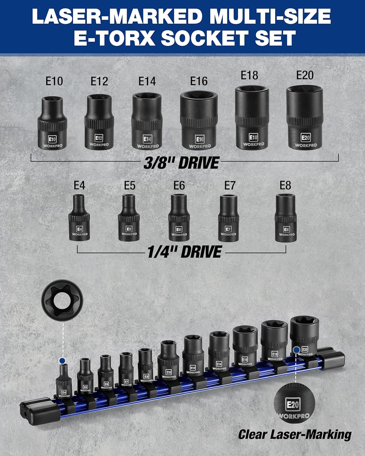 WORKPRO 11PCS E-Torx Socket Set, 1/4" 3/8" Drive Star Socket Set, CR-V Steel External Torx Socket Set (E4-E20 Socket) with PVC Socket Organizer, Ideal for Motorcycle, Automotive, and Mechanical Repair - Image 2