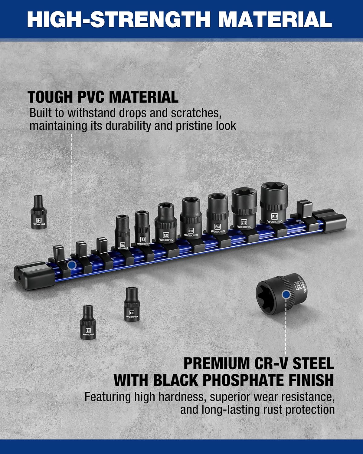 WORKPRO 11PCS E-Torx Socket Set, 1/4" 3/8" Drive Star Socket Set, CR-V Steel External Torx Socket Set (E4-E20 Socket) with PVC Socket Organizer, Ideal for Motorcycle, Automotive, and Mechanical Repair - Image 3