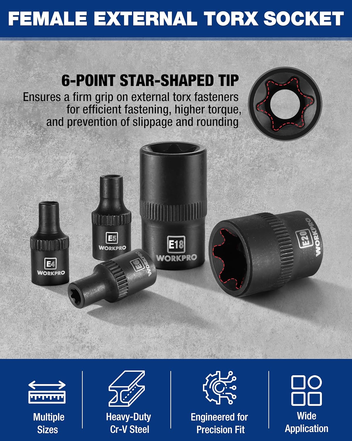 WORKPRO 11PCS E-Torx Socket Set, 1/4" 3/8" Drive Star Socket Set, CR-V Steel External Torx Socket Set (E4-E20 Socket) with PVC Socket Organizer, Ideal for Motorcycle, Automotive, and Mechanical Repair - Image 4