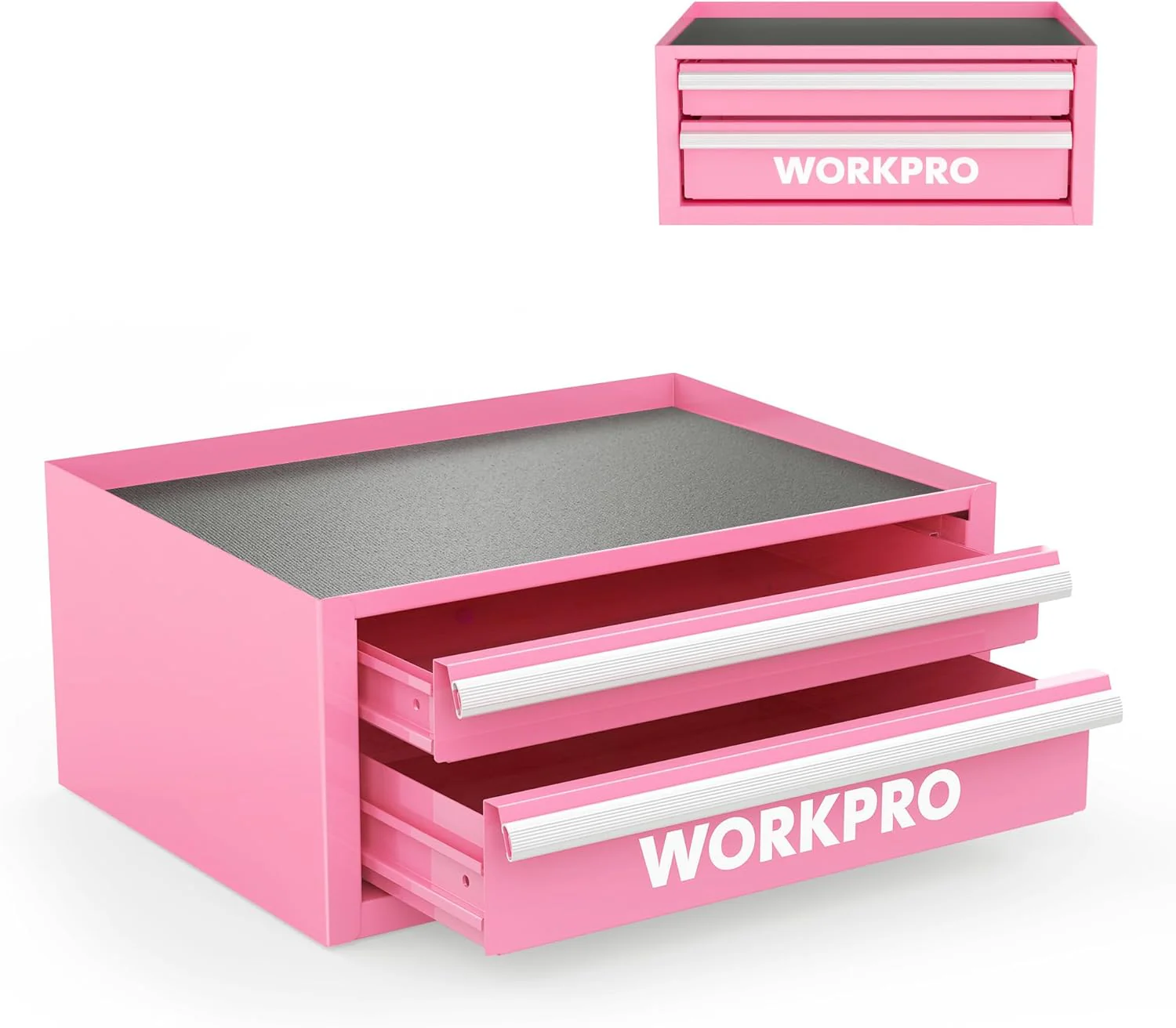 WORKPRO 12.5" Mini Tool Box with 2 Drawers & 1 Open Top Storage, Small Metal Tool Chest with PVC Liners & PP Feet Pads, Cold Rolled Steel Toolbox with Drawer Liners & Magnetic Tabs, Pink - Pink Ribbon