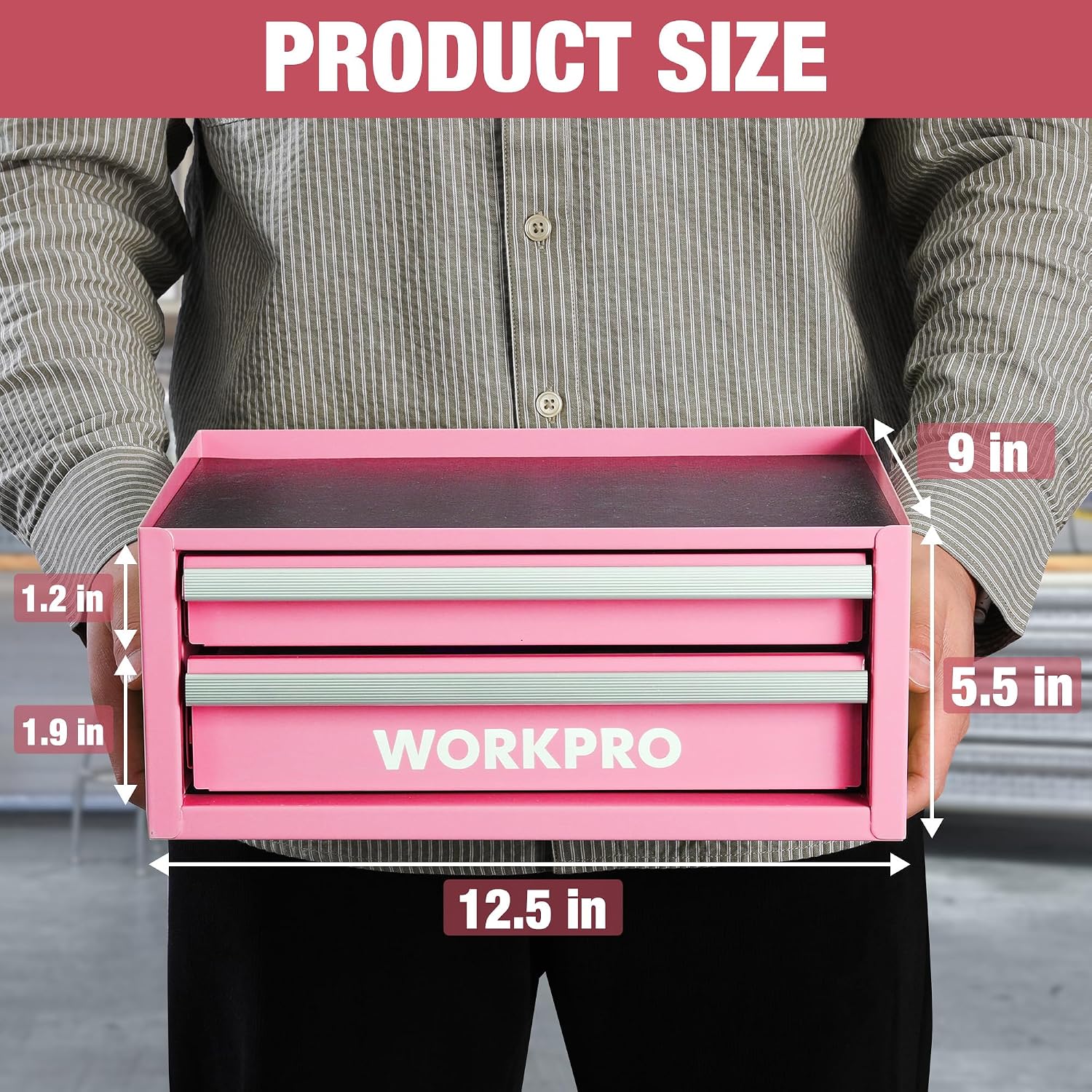 WORKPRO 12.5" Mini Tool Box with 2 Drawers & 1 Open Top Storage, Small Metal Tool Chest with PVC Liners & PP Feet Pads, Cold Rolled Steel Toolbox with Drawer Liners & Magnetic Tabs, Pink - Pink Ribbon - Image 2