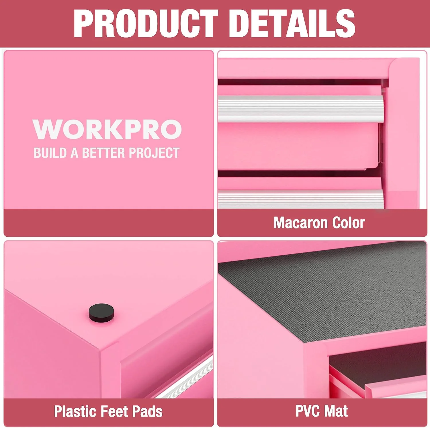 WORKPRO 12.5" Mini Tool Box with 2 Drawers & 1 Open Top Storage, Small Metal Tool Chest with PVC Liners & PP Feet Pads, Cold Rolled Steel Toolbox with Drawer Liners & Magnetic Tabs, Pink - Pink Ribbon - Image 3