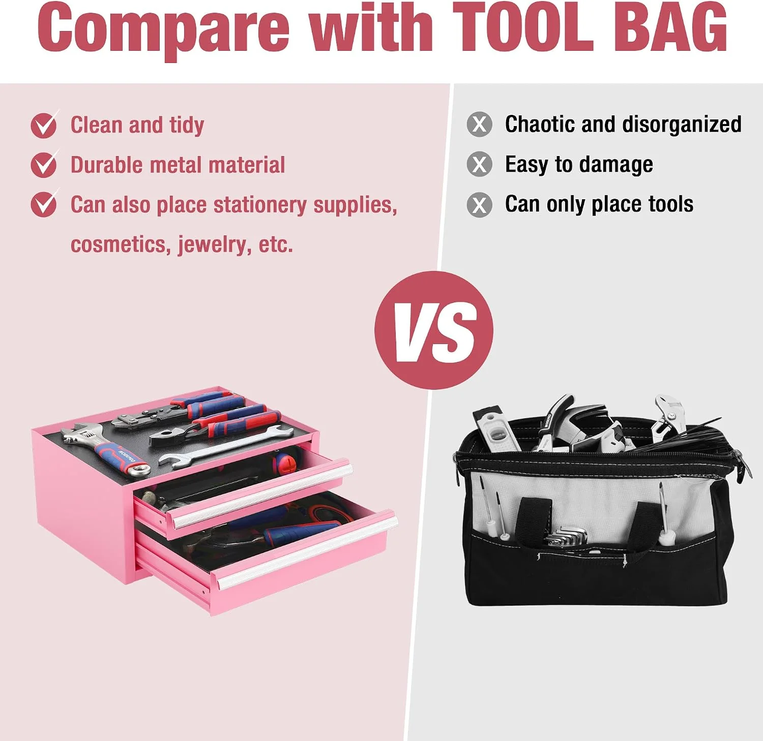 WORKPRO 12.5" Mini Tool Box with 2 Drawers & 1 Open Top Storage, Small Metal Tool Chest with PVC Liners & PP Feet Pads, Cold Rolled Steel Toolbox with Drawer Liners & Magnetic Tabs, Pink - Pink Ribbon - Image 4