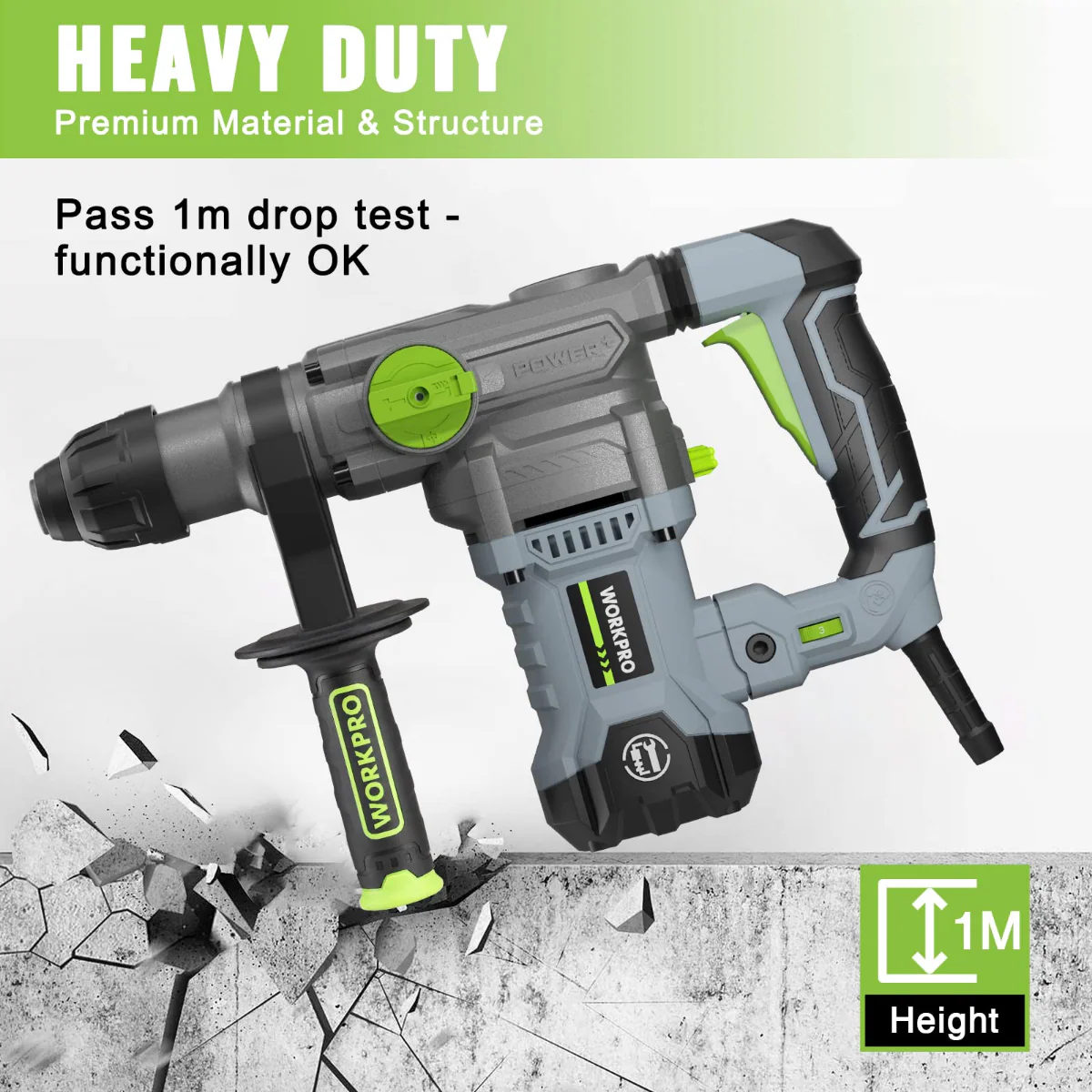 WORKPRO 12.5AMP 1-1/4 Inch Premium SDS-Plus Rotary Hammer Drill, Heavy Duty Corded Version - Image 2