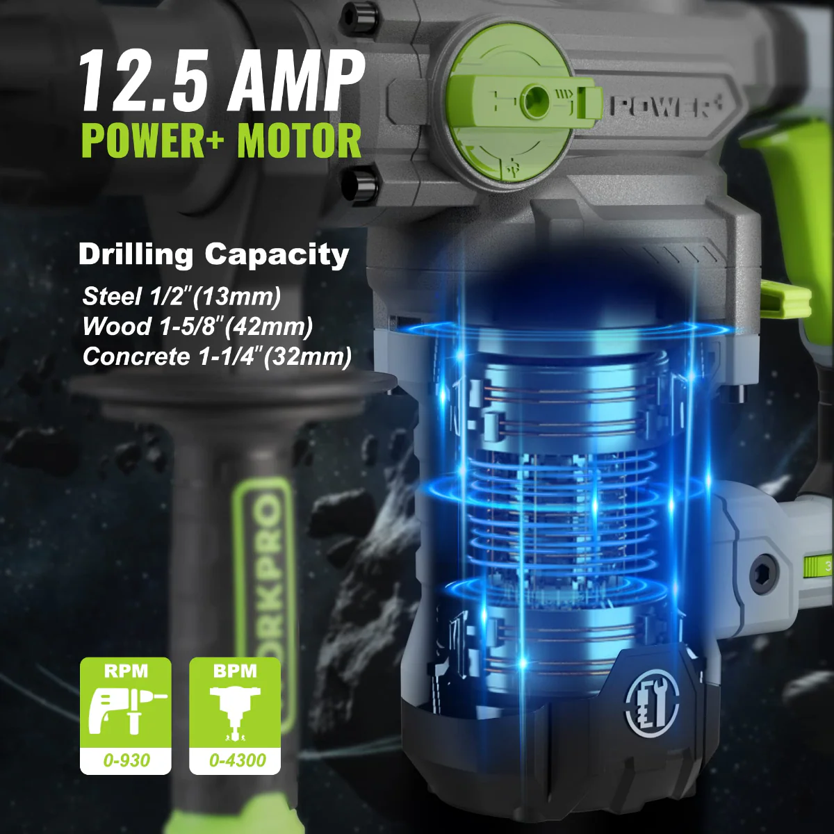 WORKPRO 12.5AMP 1-1/4 Inch Premium SDS-Plus Rotary Hammer Drill, Heavy Duty Corded Version - Image 4