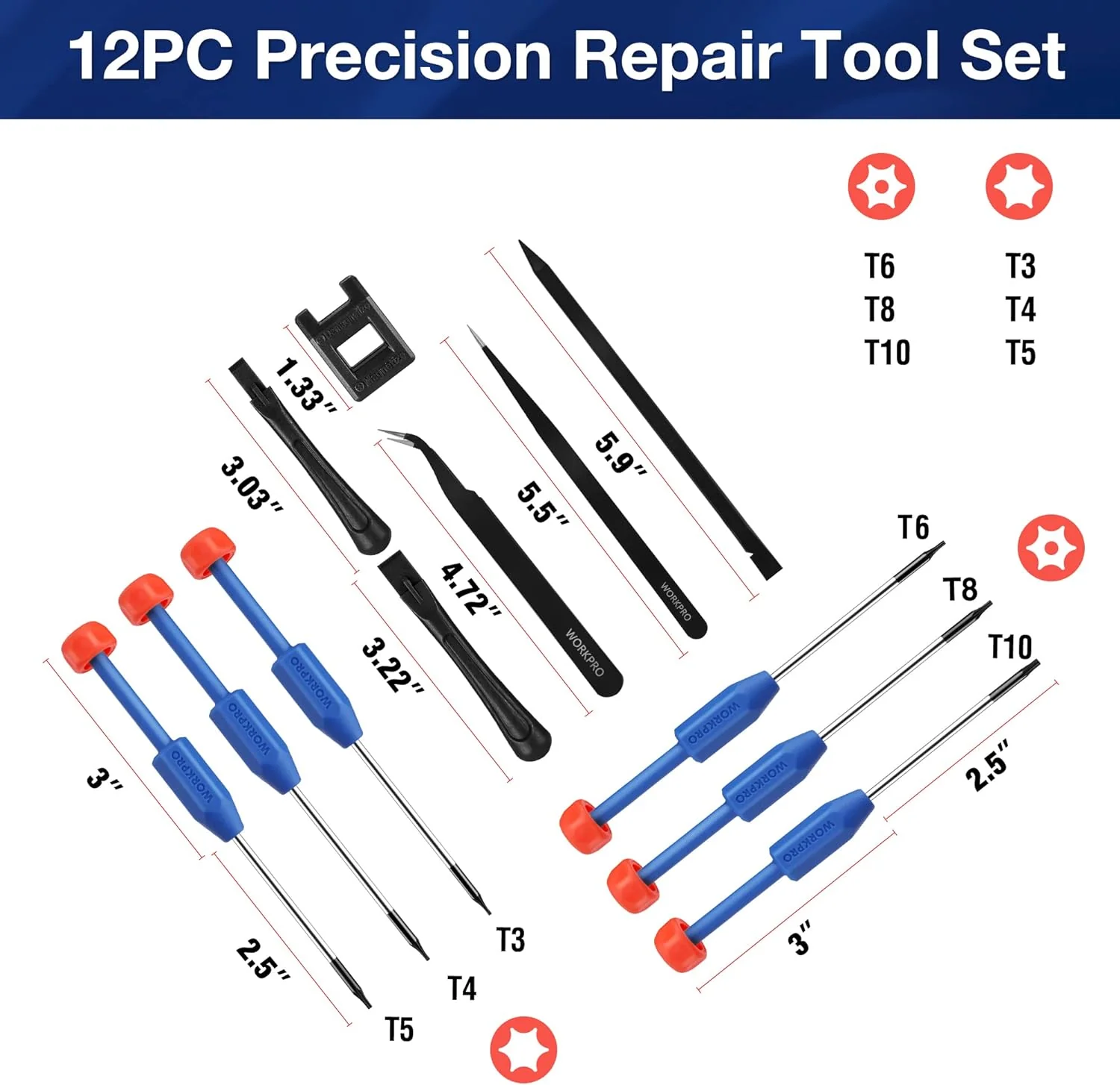 WORKPRO 12 in 1 Torx Screwdriver Set with T3 T4 T5 T6 T8 T10 Security Torx Bit & Precision Magnetic Screwdrivers, Tweezers,Pry Bars, Spudger for Eyeglass, Watch, Computer, Phone, with Case - Image 2