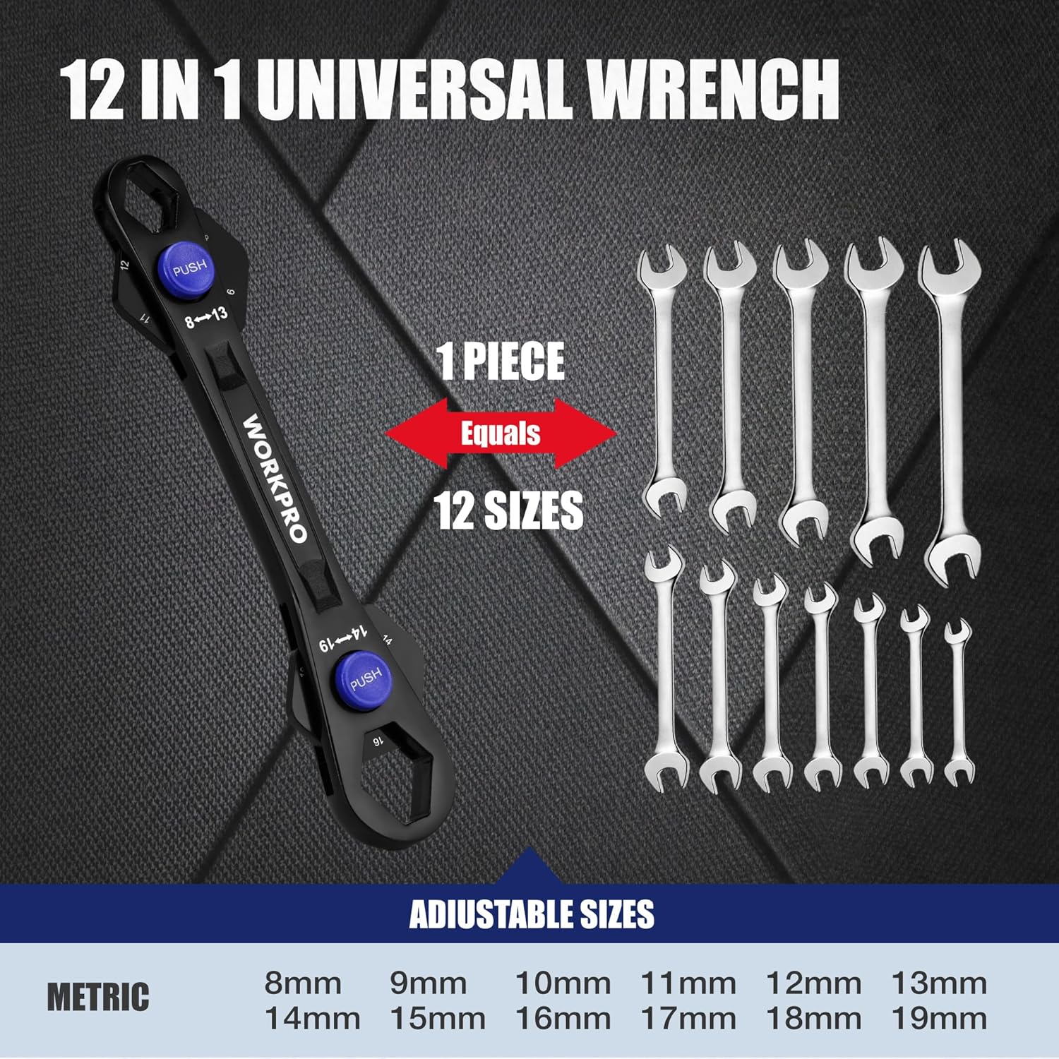 WORKPRO 12-in-1 Universal Wrench, Metric 8-19mm Adjustable Wrench with Heat-Treated Cr-Mo Steel, ASME Standard, Multi-Position Head, Multi-Size Compact Spanner for Mechanics, Cars, and Motorcycles - Image 2